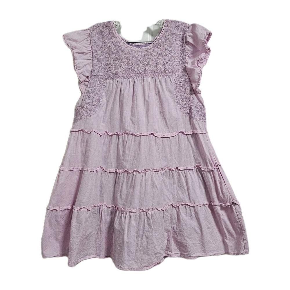 J. Marie Pink Tiered Floral Ruffle Mini Dress Womens Med Bohemian Flutter Sleeve